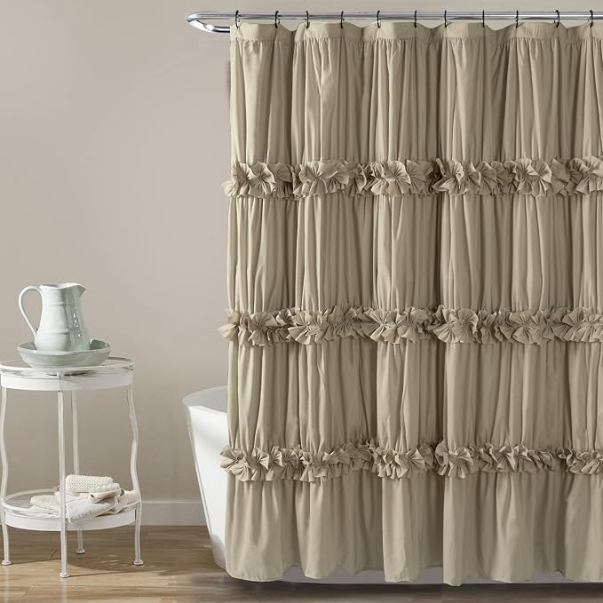 Homechoice Decor Taupe Ruffle Shower Curtain 72" W x 72" H | Vintage Handcrafted Bow Tie Bath Curtain for Master Bathroom, Ruched Microfiber Bathroom Curtain with 12 Buttonholes (LQ-10)