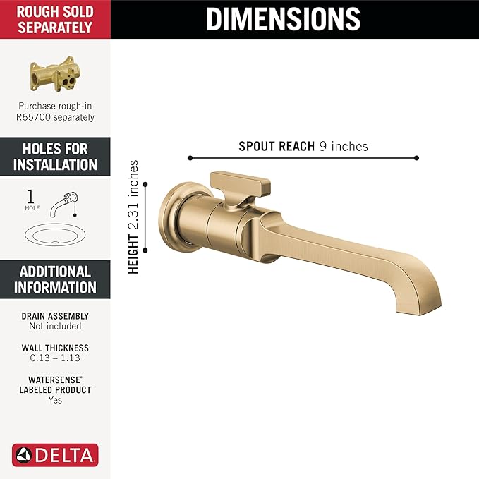 Delta Tetra Wall Mount Bathroom Faucet 1 Hole, Brushed Gold Single Hole Bathroom Sink Faucet for Vanity, Lumicoat Champagne Bronze T3589LF-CZ-PR-WL (Valve Not Included)