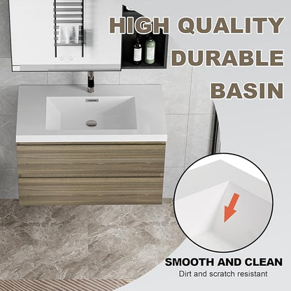 Wall Mounted 36 Inch Bathroom Vanity with Sink, Floating Vanity Bathroom, Single Sink Bathroom Vanity, 2 Drawers, Resin Integrated Sink (Ash Grey)