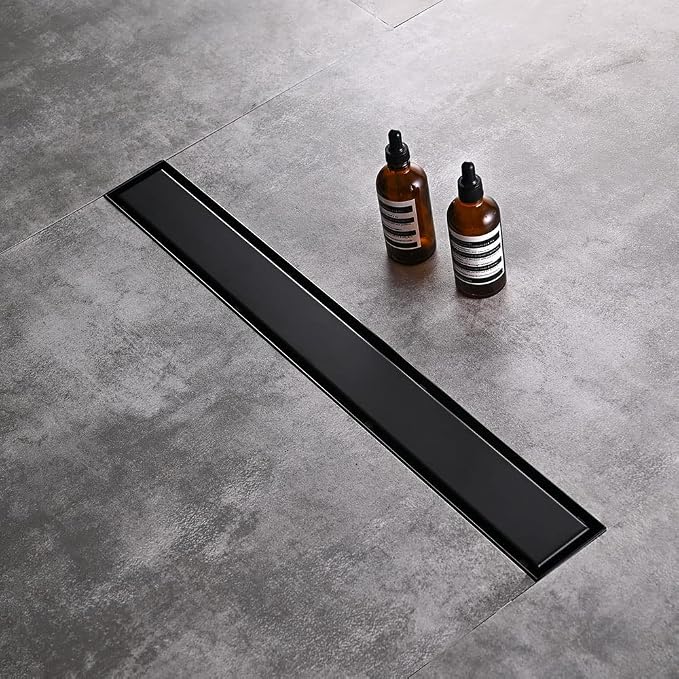 Linear Shower Floor Drain, Black 54 Inch 304 Stainless Steel Bathroom Drains Kit, Rectangular Shower Trench Drain with Reversable Tile-in Pattern Drain Cover & Hair Catcher