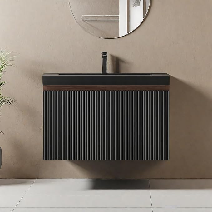 Wall Mounted Bathroom Sink Vanity, Modern 24" Floating Vanity with Resin Top Basin Sink and U-Shaped Soft-Close Storage Drawer, Striped Bathroom Storage Cabinet with Invisible Handle, Black
