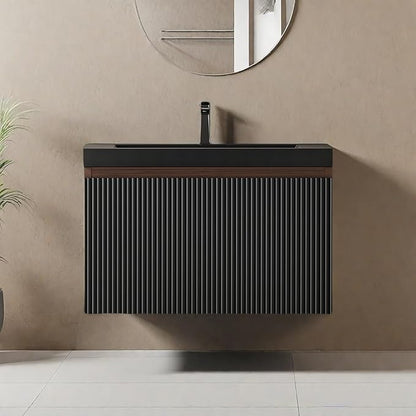 Wall Mounted Bathroom Sink Vanity, Modern 24" Floating Vanity with Resin Top Basin Sink and U-Shaped Soft-Close Storage Drawer, Striped Bathroom Storage Cabinet with Invisible Handle, Black