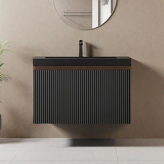 Wall Mounted Bathroom Sink Vanity, Modern 24" Floating Vanity with Resin Top Basin Sink and U-Shaped Soft-Close Storage Drawer, Striped Bathroom Storage Cabinet with Invisible Handle, Black