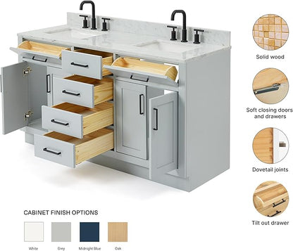 ARIEL Hepburn 60-inch Bathroom Vanity with Sink,Solid Wood, 0.75-inch Italian Carrara Marble Countertop, Double Rectangular Porcelain Sink, 4 Soft Closing Doors, 6 Dovetail Drawers, Grey
