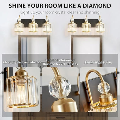 Bathroom Vanity Light Fixtures Over Mirror, Makeup Lighting for Modern Wall, Bath, Desk, Hallway, Farmhouse, 3 Crystal Lights, Black Gold