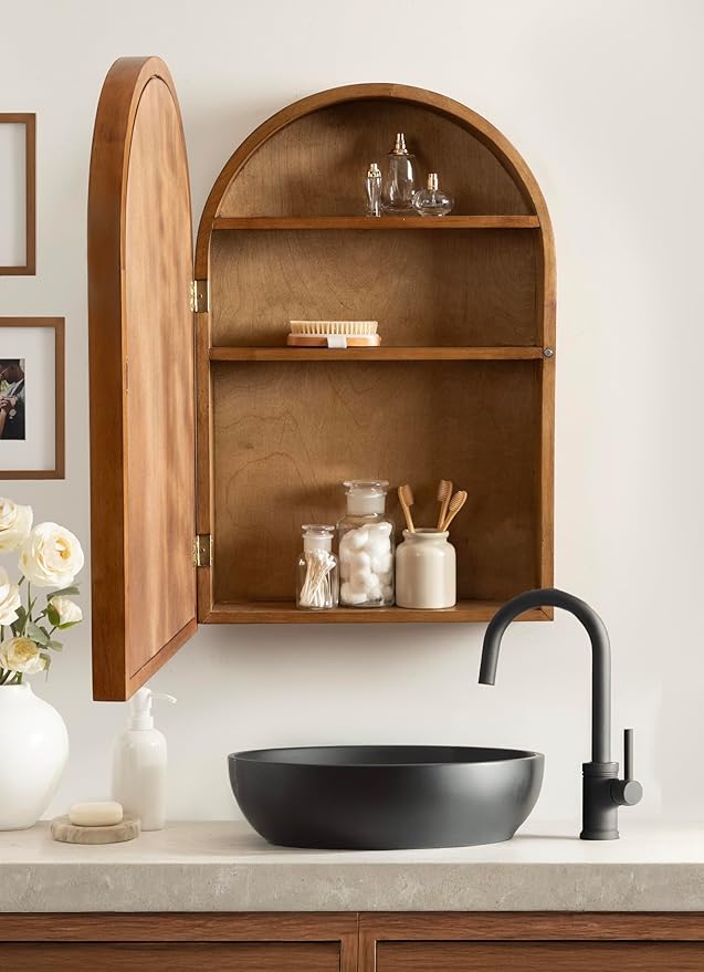 Kate and Laurel Hatherleigh Modern Arched Bathroom Cabinet with Mirror, 20 x 6 x 30, Rustic Brown, Decorative Wooden Bathroom Mirror with Storage for Bath Medicine Cabinet or Over-The-Toilet Storage