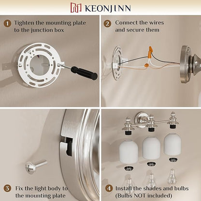 Keonjinn Brushed Nickel Bathroom Light Fixtures, 3-Light Vintage Vanity Lights for Mirror with Frosted Glass Shades, UL Listed E26 Base Reversible Vanity Lighting Fixtures for Wall(Bulbs Not Included)