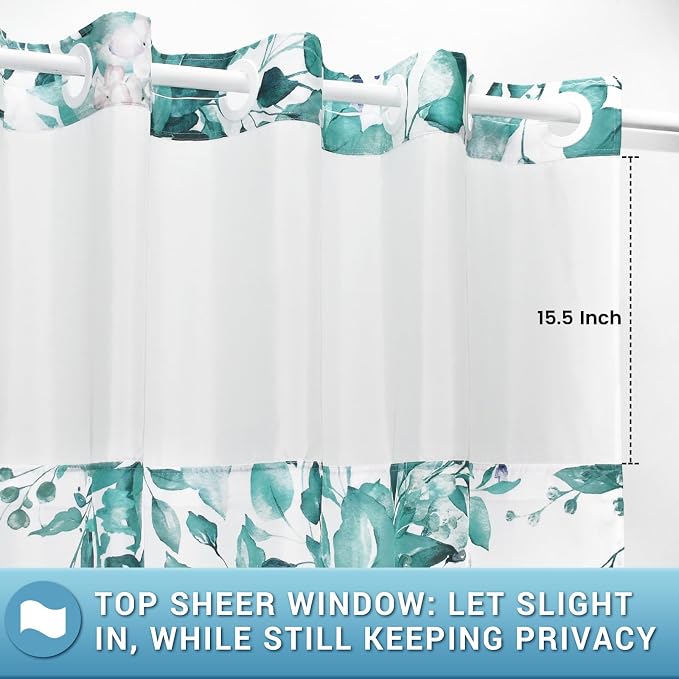 No Hook Shower Curtain with Liner, Eucalyptus Seaweed Green, 71x74 | Snap in Liner, 3 in 1, Water Repellent, Easy Install, Machine Washable, Hotel Style for Bathroom, Watercolor Pattern