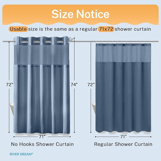 River Dream Waffle No Hook Shower Curtain with Liner,Moonlight Blue,71x74 | Dotted Waffle,Snap-in Liner,Heavy Duty,Quick Dry,Mesh Top Window,With Bottom Magnets,Hotel-Grade,Washable,Standard Size