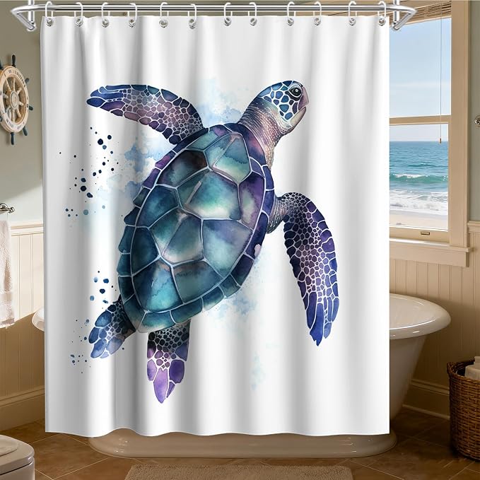 Modern Rustic Ocean Shower Curtain, Cute Nautical Tropical Sea Turtle Shower Curtains for Bathroom, Waterproof Bath Curtain with Hooks Machine Washable Bathtub Curtains 72x72 Inch Purple and White
