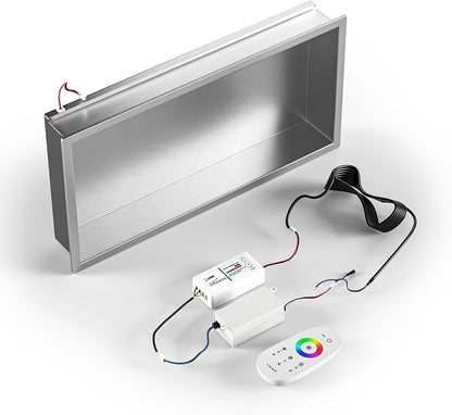 Stainless Led Shower Niche 24"x12" Brushed RGB Light No Tile Needed | 304 stainless steel shower niche,recessed dimmable niche shower,Led driver & remote control included,dropped in niche