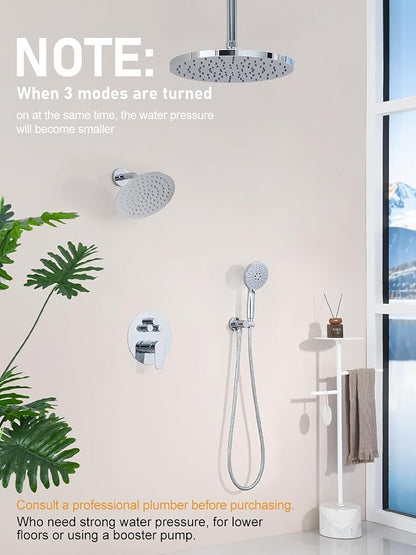 Woindo Shower Faucet Set 10" Rain Shower Head/8'' Side Shower Head and 3 Setting Handheld Ceiling Mount 3 Push Button Diverter Complete Rainfall Round Shower System Included Valve Trim Kit