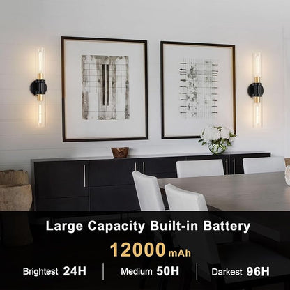 Battery Operated Wall Sconce Set of 2, 12000mAh Rechargeable Wall Lights with Remote Control, Wireless Dimmable Wall Lamps for Bedroom Living Room Bathroom Hallway Stairwell, Black & Gold