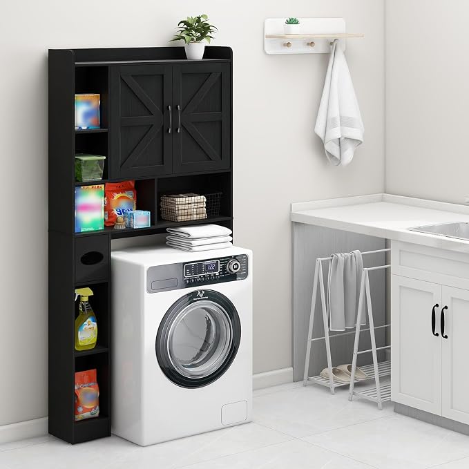 Vabches Over The Toilet Storage Cabinet with 2 Barn Doors, Black | Farmhouse Storage Cabinet with Toilet Paper Holder Stand，Home Space-Saving Toilet Rack, for Bathroom, Restroom, Laundry