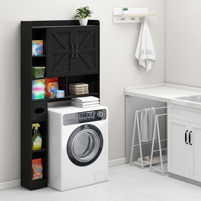 Vabches Over The Toilet Storage Cabinet with 2 Barn Doors, Black | Farmhouse Storage Cabinet with Toilet Paper Holder Stand，Home Space-Saving Toilet Rack, for Bathroom, Restroom, Laundry