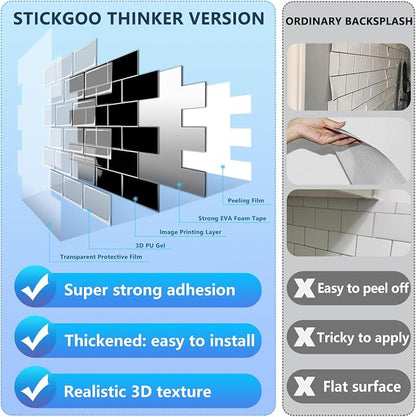STICKGOO Subway Tile Peel and Stick Backsplash, Thicker Design 12" x 12" Stick on Backsplash Tiles for Kitchen, Bathroom, Wall Tile (5 Sheets, Black)