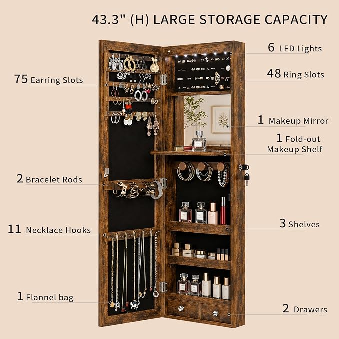Lockable Jewelry Cabinet Organizer with Full Length Mirror, 6 Auto LED Lights, Wall & Over Door Mount Jewelry Armoire with Earring Slots, Necklace Hooks, Foldable Makeup Shelf