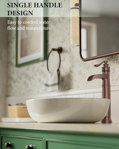 Vessel Sink Faucet Copper Tall Bathroom Faucets Waterfall Single Handle | 1 Hole Farmhouse Antique with Pop up Drain Assembly and Supply Lines Mixer Tap Without Overflow Counter Top by Homevacious