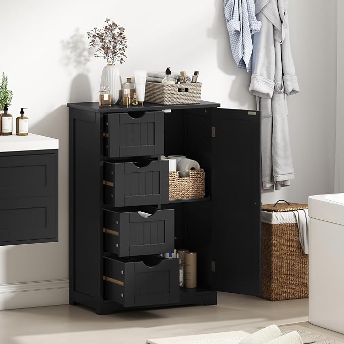 Giantex Bathroom Storage Cabinet with Drawers - 4 Drawer Storage Organizer w/Cupboard, Adjustable Shelf, Anti-Toppling Device, Entryway Storage Unit Console Table, Bathroom Floor Cabinet (Black)