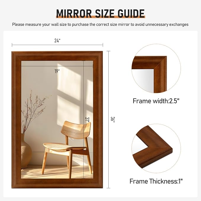 Rustic Wood Wall Mirror for Bathroom,Rectangle 24 x 36 inch Vanity Mirrors | Hanging Mirror with Wooden Frame for Living Room,Bedroom,Entryway(Walnut Brown)