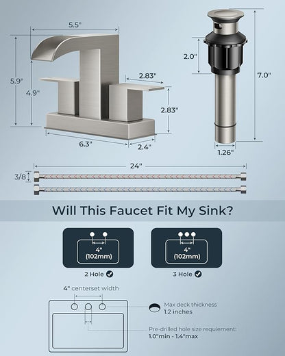FORIOUS Brushed Nickel Bathroom Faucets for 2 Hole or 3 Hole, Waterfall 4 Inch Centerset Bathroom Sink Faucet with Metal Pop-up Drain and Supply Lines, Two Handles for Vanity, 2 Pack