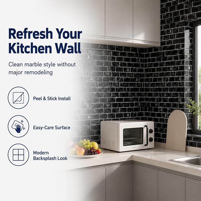 Peel and Stick Backsplash for Kitchen, Black | 10 pack self‑adhesive tiles for backsplash, bathroom, or accent wall. Easy DIY install and wipeable. Covers approx. 10 sq ft.