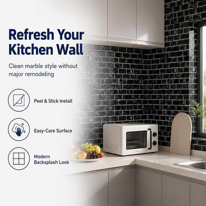 Peel and Stick Backsplash for Kitchen, Black | 10 pack self‑adhesive tiles for backsplash, bathroom, or accent wall. Easy DIY install and wipeable. Covers approx. 10 sq ft.