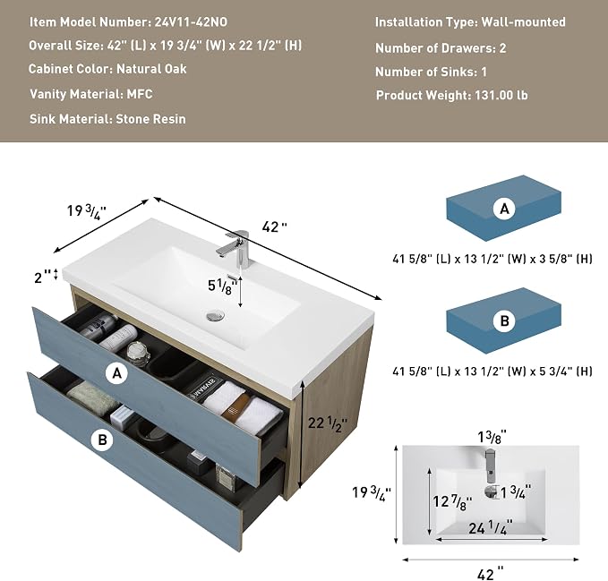 42 Inch Floating Bathroom Vanity with Sink, Wall Mounted Floating Vanity | Large Storage with 2 Soft Close Drawers, One-Piece Basin Bathroom Sink Cabinet, Natural Oak, Pre assembled