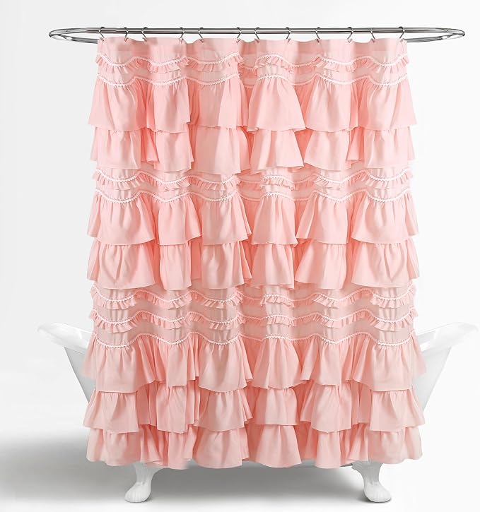 Lush Decor Kemmy Ruffled Shower Curtain, Single, 72" W x 72" L, Peachy Pink - Bathroom Curtain - Fabric Shower Curtains for Bathroom - Coquette Decor