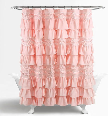 Lush Decor Kemmy Ruffled Shower Curtain, Single, 72" W x 72" L, Peachy Pink - Bathroom Curtain - Fabric Shower Curtains for Bathroom - Coquette Decor