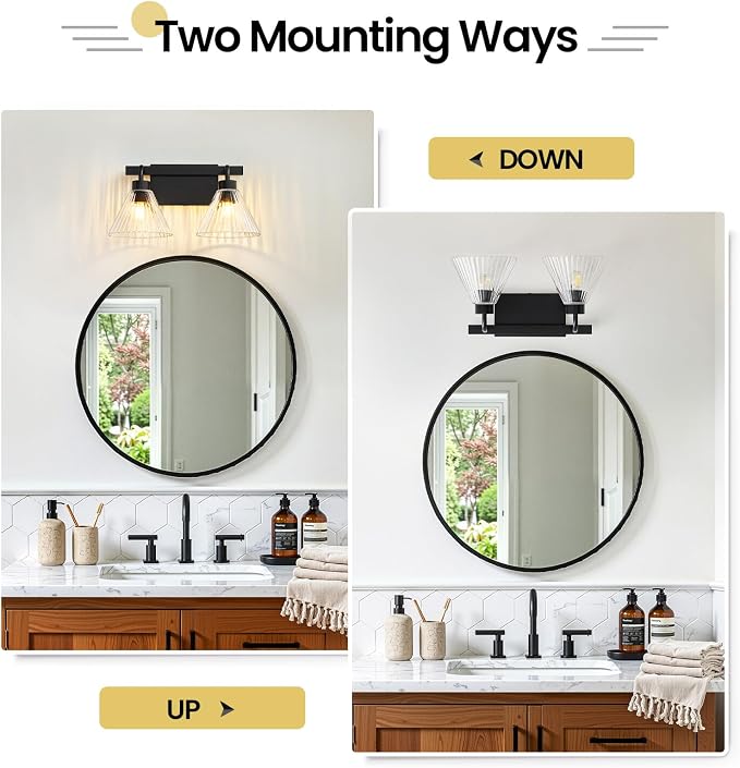 AIJIASI Bathroom Vanity Light 2-Light Modern Black Bathroom Light Fixtures Over Mirror with Ribbed Glass Shade, 16 Inch Vanity Lighting Fixtures for Bedroom Living Room Hallway
