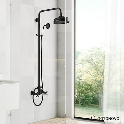 gotonovo Luxury Exposed Shower Faucet Set Bathroom Shower System 8 Inch Wall Mount Rainfall Shower Head with Handheld Spray Cross Double Handle Shower Fixture Adjustable Straight Rod Matte Black