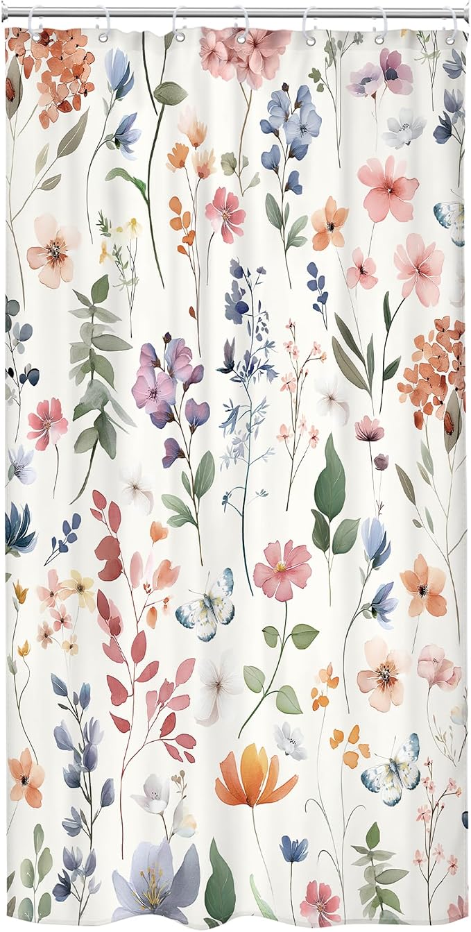 Small Stall Boho Pink Floral Colorful Natural Bathroom Shower Curtain Set | 36"W x 72"H Watercolor Butterfly; waterproof HD print, quick-dry fabric and plastic hooks for easy setup.