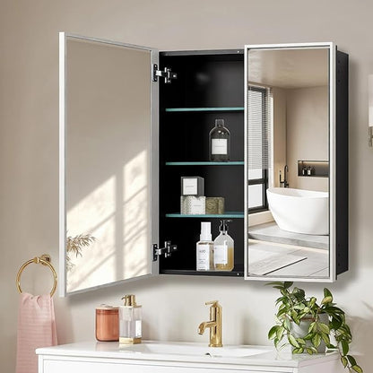 Medicine Cabinet with Aluminum Framed Mirror,36"x32" Surface Mount or Recessed Mount Bathroom Vanity Mirror,Single Door Bathroom Mirror with Storage Cabinet