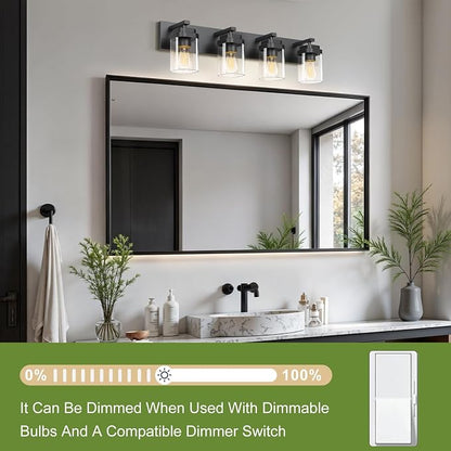 Black Bathroom Light Fixtures, 4 Lights Bathroom Lighting Fixtures Over Mirror, Square Design & Rectangle Large Backplate, Modern Vanity Lighting Fixtures, for Bathroom/Living Room/Bedroom