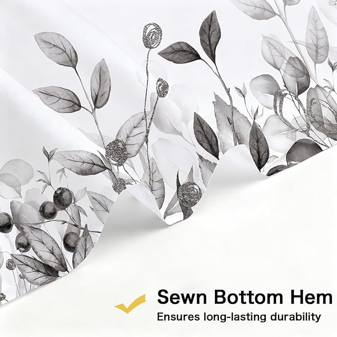 Black and White Eucalyptus Shower Curtain, Gray Watercolor Plants Foliage Floral Bathroom Curtains, Simple Botanical Leaves Waterproof Fabric Cloth Shower Curtain Set with Hooks 60X72 Inch