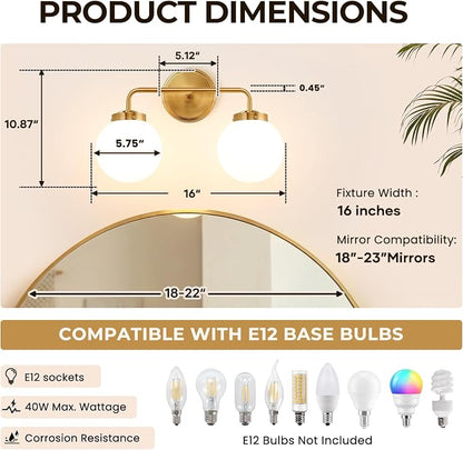 Modern Brushed Gold Vanity Lights for Bathroom, Mid Century 2 Light Bathroom Vanity Light with Globe Milky White Glass Shade Over Mirror, Brass Wall Sconce for Bathroom Hallway Living Room Bedroom