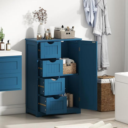 Giantex Bathroom Cabinet, Freestanding Storage Cabinet with 1 Door & 4 Drawers, 3-Level Adjustable Shelf, Anti-toppling System, Modern Storage Organizer for Bathroom, Living Room, Kitchen (Blue)