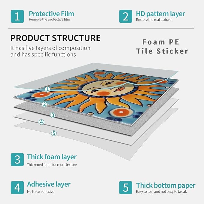6X6 in Tile Decals Stick on Backsplash for Kitchen Wall,12Pcs | 1.6mm-FOAM+PE Tile Stickers,Sun/Moon Pattern Mexican Tiles for Bathroom,Cabinets,RVs