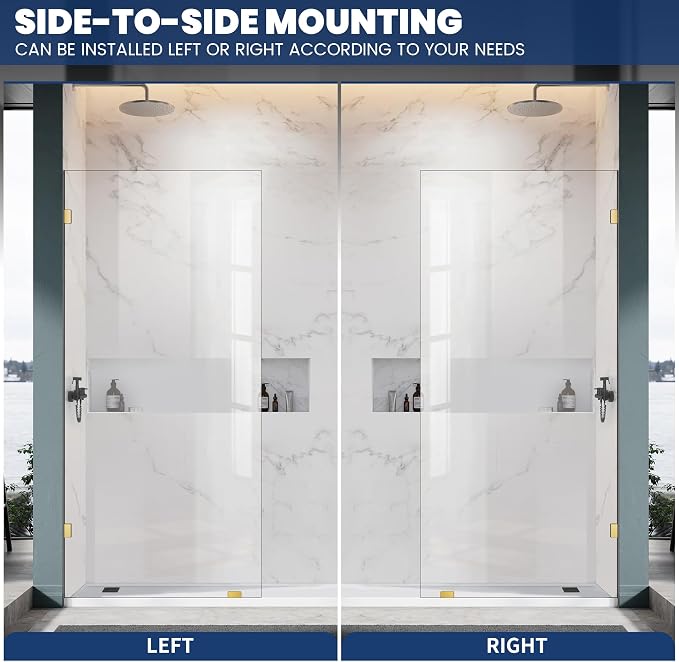 Bathroom Shower Glass Door 34" W×78.75" H, 3/8"(10mm) Thick Clear Tempered Glass Panel with Clamps, Fixed Frameless Waterproof Shower Door, Brushed Gold