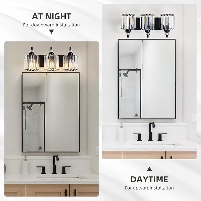 3-Light Black Bathroom Light Fixtures Over Mirror Modern Vanity Lights Crystal Wall Sconce Vintage Bathroom Lighting with Crystal Shade E26 Base for Bedroom, Living Room, Hallway