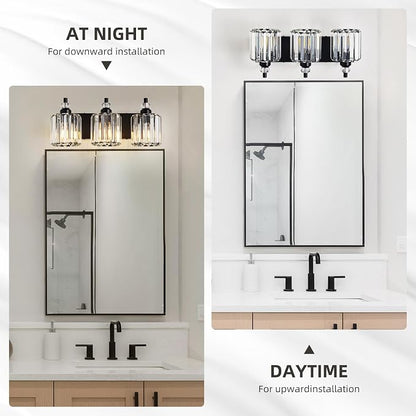 3-Light Black Bathroom Light Fixtures Over Mirror Modern Vanity Lights Crystal Wall Sconce Vintage Bathroom Lighting with Crystal Shade E26 Base for Bedroom, Living Room, Hallway