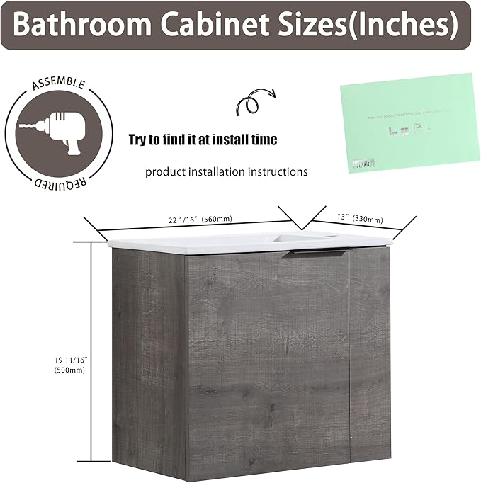 22 Inch Bathroom Vanity with Sink, 22" Wall Mounted Vanity Sink Combo for Small Space, Modern Bathroom Cabinet Set with Ceramic Basin Sink Top and Soft-Closing Door, Plaid Grey Oak