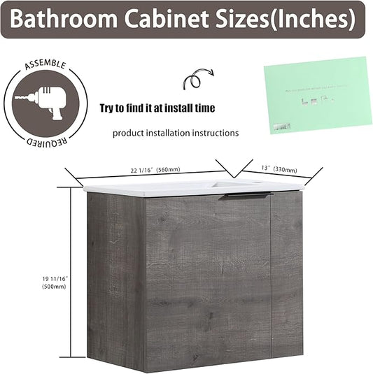 22 Inch Bathroom Vanity with Sink, 22" Wall Mounted Vanity Sink Combo for Small Space, Modern Bathroom Cabinet Set with Ceramic Basin Sink Top and Soft-Closing Door, Plaid Grey Oak