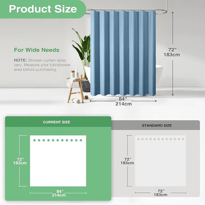 Extra Wide Waffle Shower Curtain 256 GSM 84"x72" Moonlight Blue | 84 Inch Wide, Thick Cloth, Weighted Hem, Water Repellent, Hotel Luxury Polyester Shower Curtain Set for Bathroom 14 Hooks