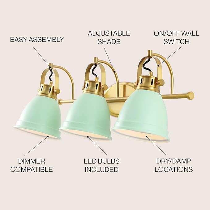 JONATHAN Y 25.5" Mint Green/Brass Gold 3-Light LED Vanity Light, Adjustable Wall Sconce for Bathroom Mirror, Farmhouse Bohemian Kitchen Light, Iron Black Bell Shade (JYL1116D)