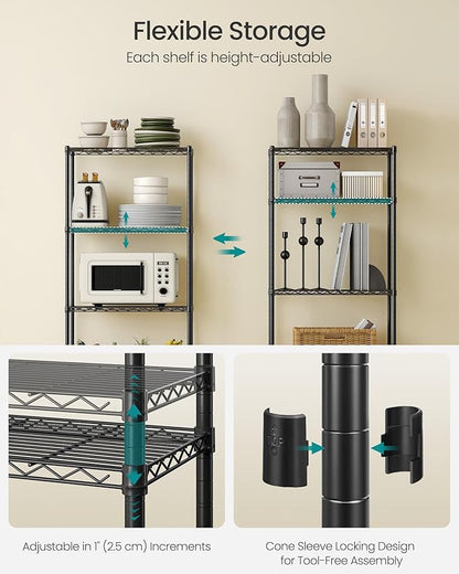 SONGMICS Storage Shelf, Metal Wire Shelving Unit, Adjustable Shelves, for Garage, Bedroom, Living Room, Kitchen, Pantry, 4 Tier, 11.8 x 23.6 x 47.6 Inches, Ink Black ULGR164BH01S