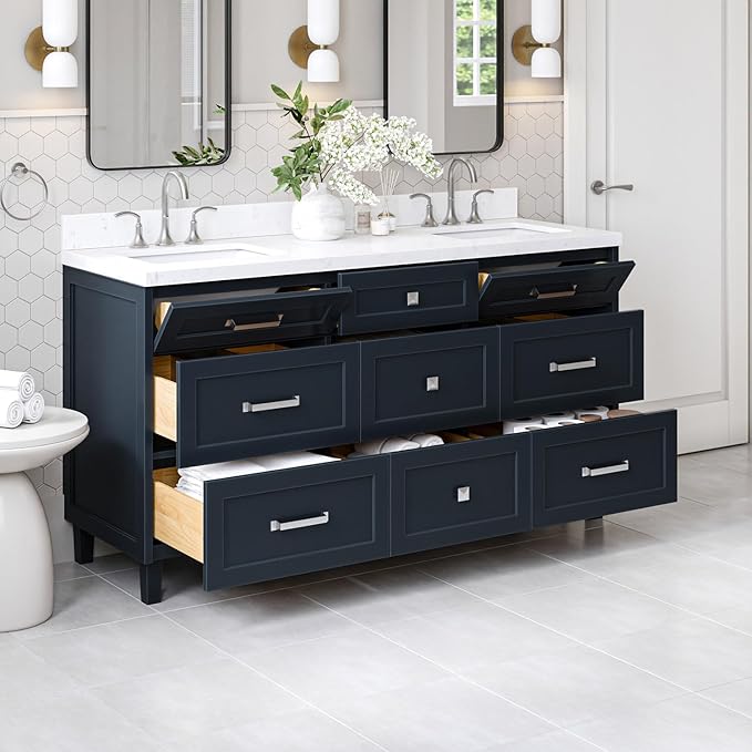 ARIEL Monroe 66-inch Bathroom Vanity with Sink,Solid Wood, 1.5-inch Carrara White Quartz Countertop & Backsplash, Double Oval Porcelain Sink, 9 Dovetail Drawers, Brushed Nickel, Midnight Blue