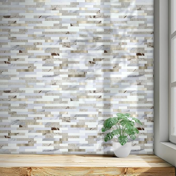AULIGET 2 Sheets Faux Stone Peel and Stick Backsplash, Beige & White Marble Look PVC Wall Tile Stick on Backsplash for Kitchen and Bathroom