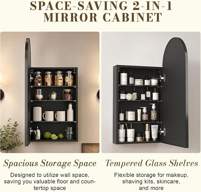FKWin Mirrored Medicine Cabinets for Bathroom, Arched Mirror with Storage | Arched Mirrored Medicine Cabinet, Easy Install, Adjustable Shelves, Reversible Door, Bathroom Upgrade, 16x32 Inch, Black